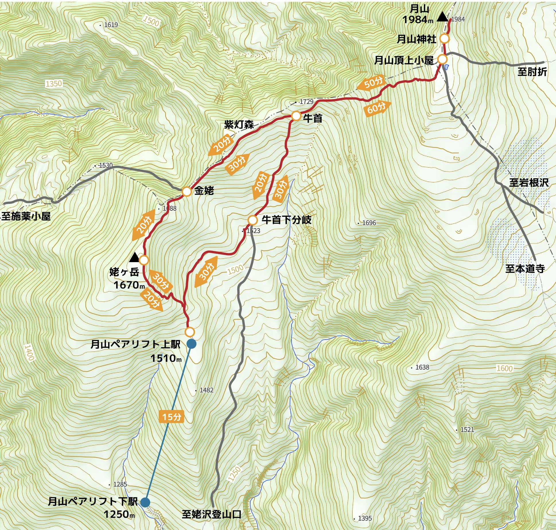 月山登山コースマップ